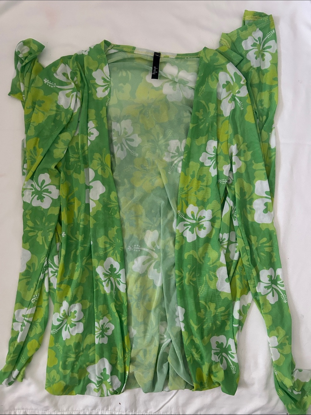 Pretty Little Thing Green Aloha Hawaiian Print long sleeve mesh maxi coverup